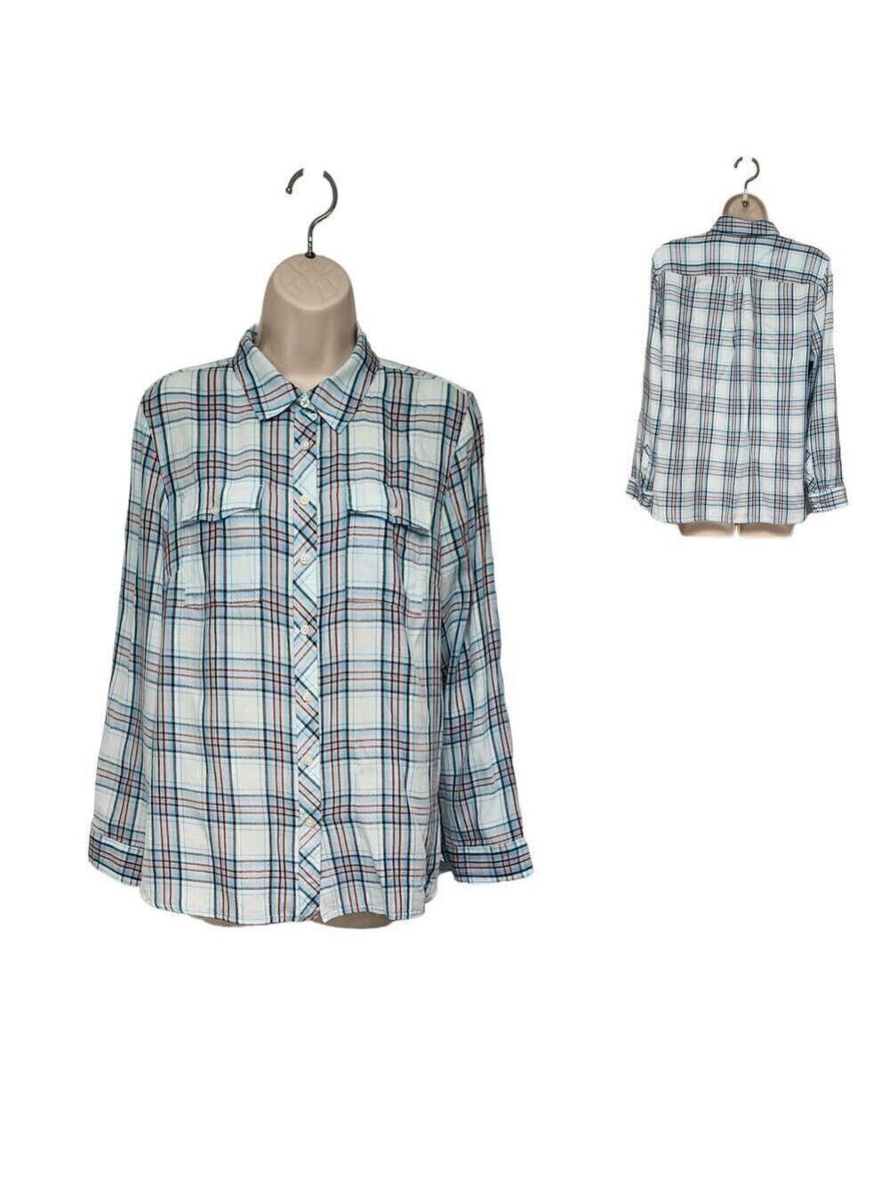 Talbots Plaid Blue/Peach Roll-Tab Sleeve Button Down Shirt Size LP